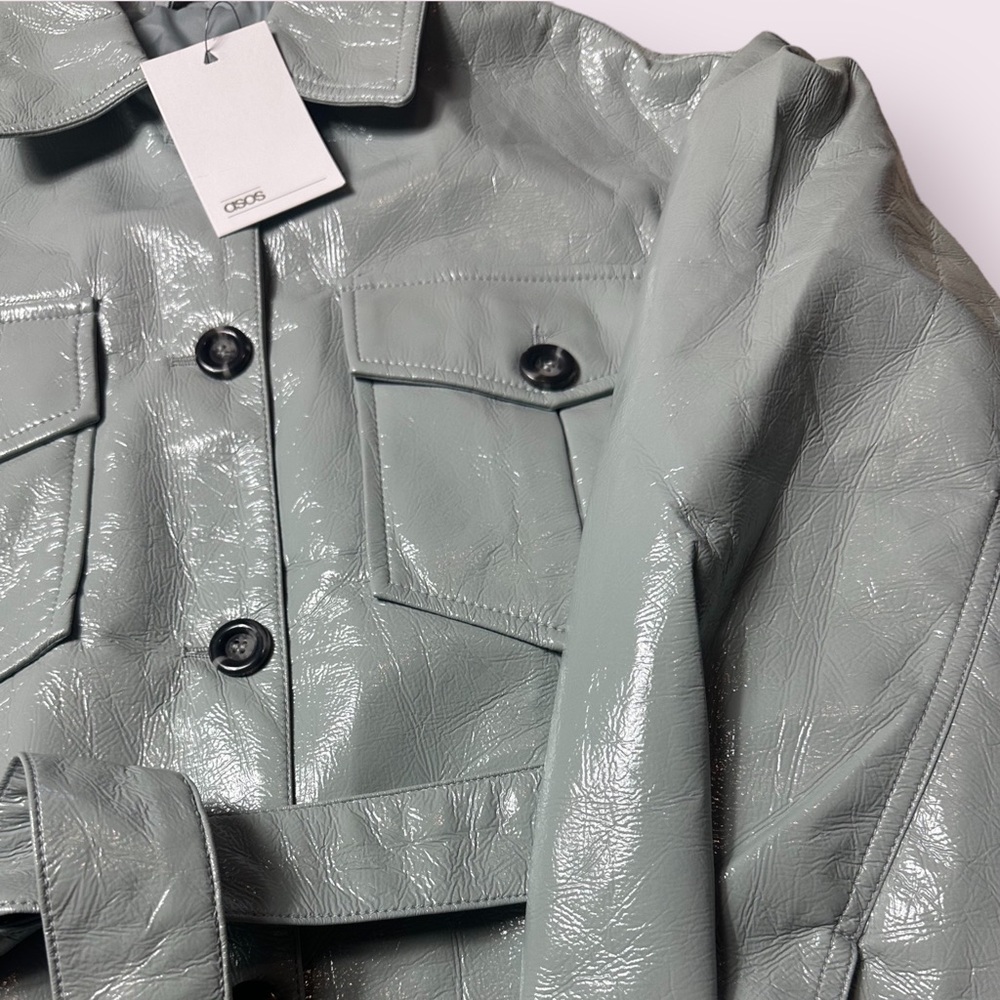 NWT Women’s ASOS Vinyl Tie Waist Light Grey Button Front Jacket With Belt Size 0 - Picture 4 of 13